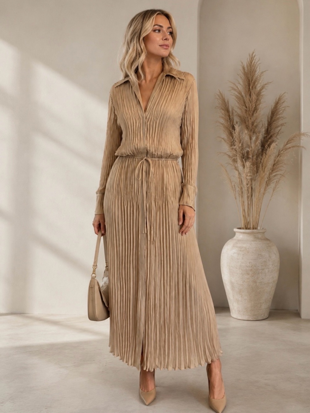 Vince Pleated Maxi Dress in Camel Tan